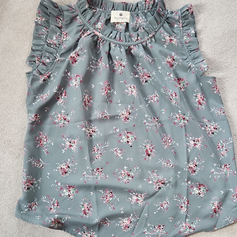 Sage Green and Flowered Ruffled Sleeves and Neck - Small